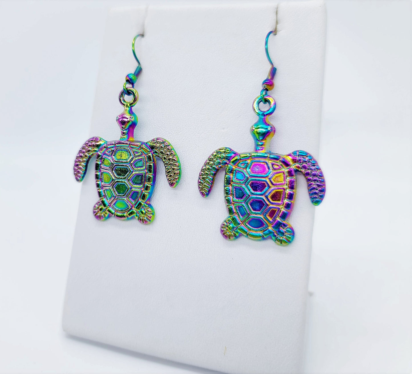 Handcrafted Rainbow Chromium Iridescent Sea Turtle Dangle Earrings / Made with Hypoallergenic Stainless Steel Ear Wire Hooks