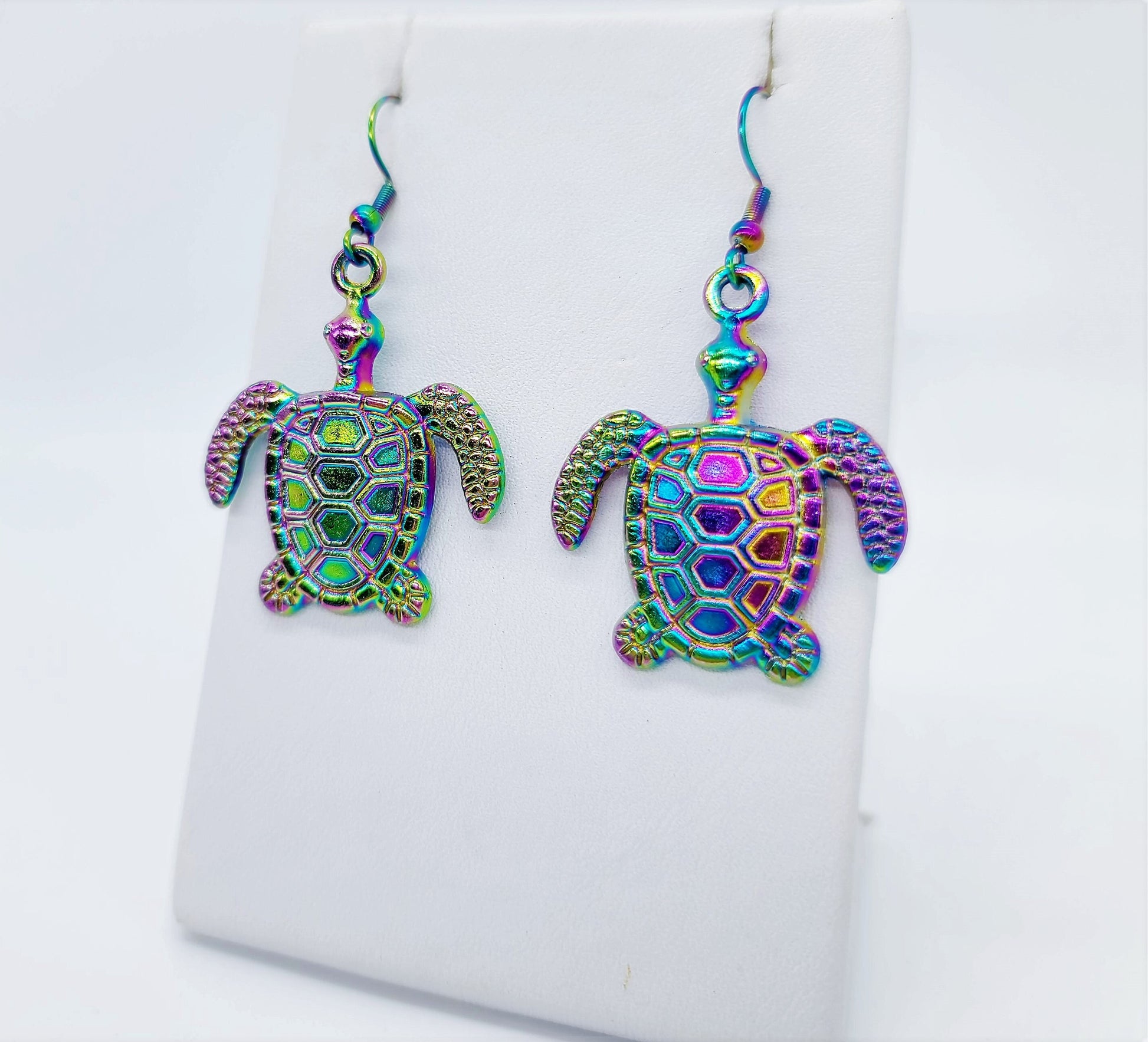 Handcrafted Rainbow Chromium Iridescent Sea Turtle Dangle Earrings / Made with Hypoallergenic Stainless Steel Ear Wire Hooks