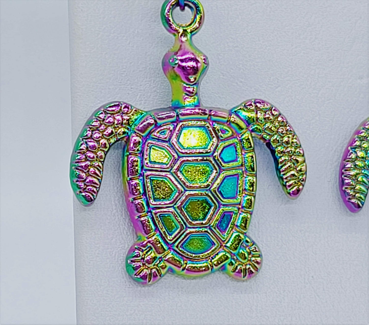 Handcrafted Rainbow Chromium Iridescent Sea Turtle Dangle Earrings / Made with Hypoallergenic Stainless Steel Ear Wire Hooks