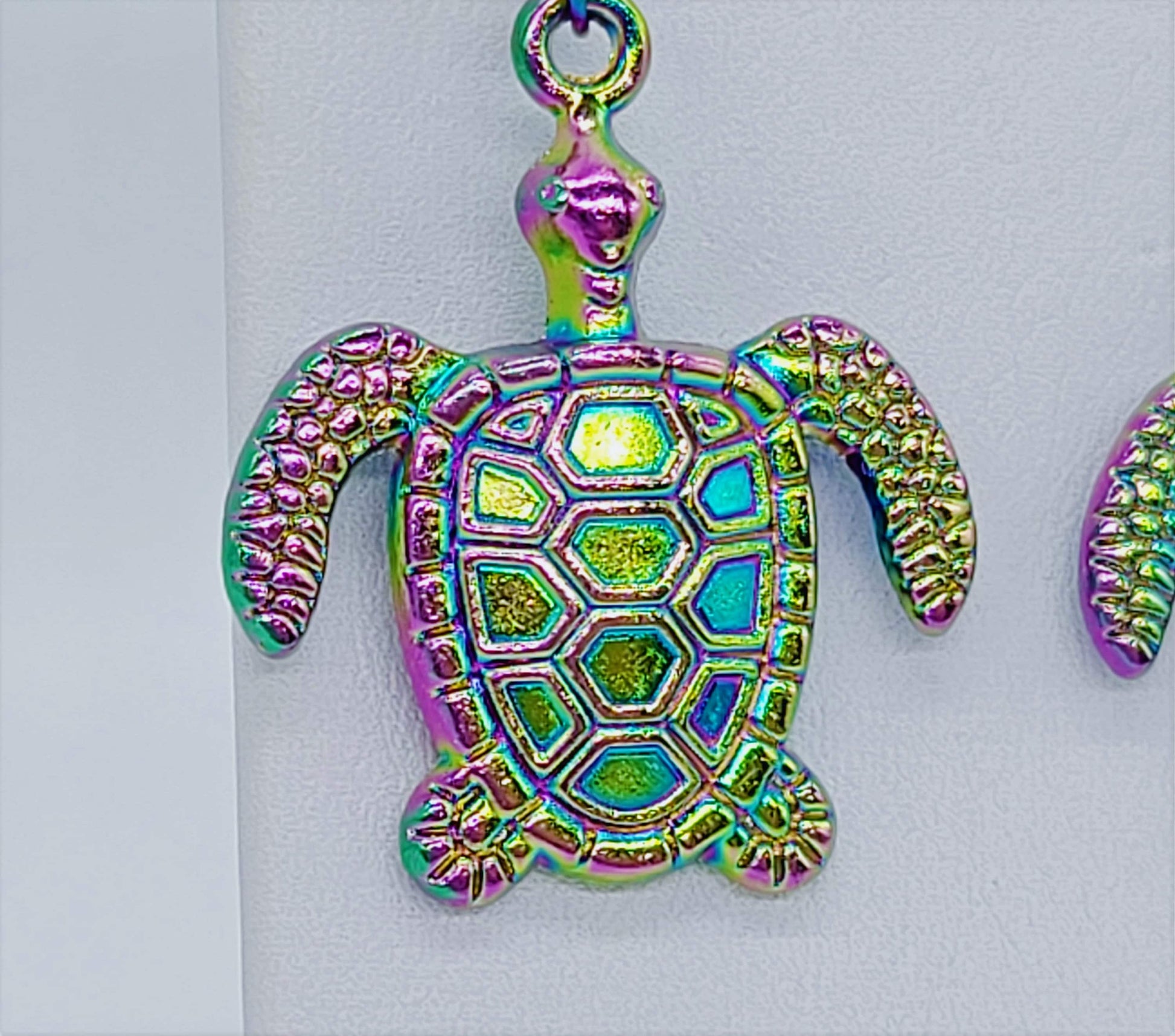 Handcrafted Rainbow Chromium Iridescent Sea Turtle Dangle Earrings / Made with Hypoallergenic Stainless Steel Ear Wire Hooks